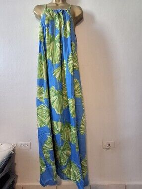 Blue Tropical Leaf Maxi Dress